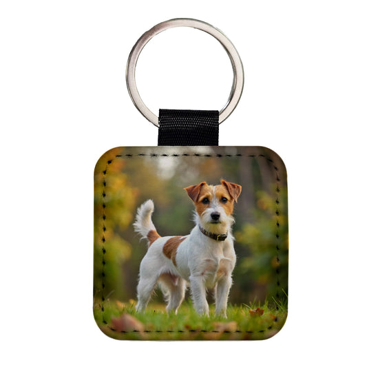 Parson Russell Terrier Dog Photo Square Faux Leather Keychain