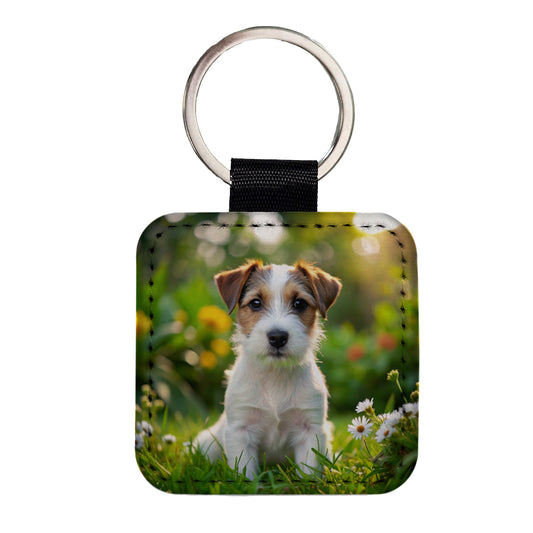 Parson Russell Terrier Dog Puppy Photo Square Faux Leather Keychain