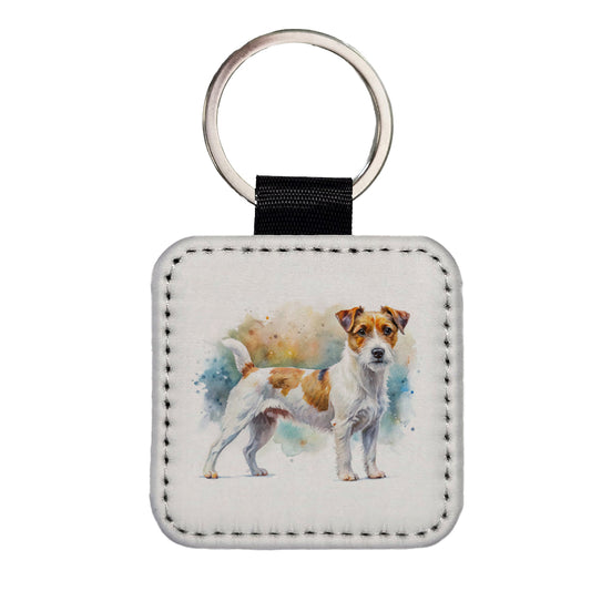 Parson Russell Terrier Dog Watercolor Style Square Faux Leather Keychain