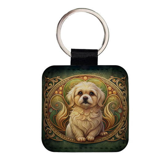 Pekapoo Dog Art Nouveau Square Faux Leather Keychain