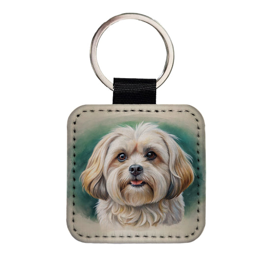 Pekapoo Dog Illustration Square Faux Leather Keychain