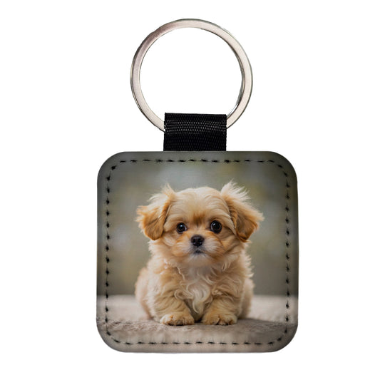 Pekapoo Dog Puppy Photo Square Faux Leather Keychain