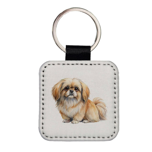Pekapoo Dog Watercolor Style Square Faux Leather Keychain