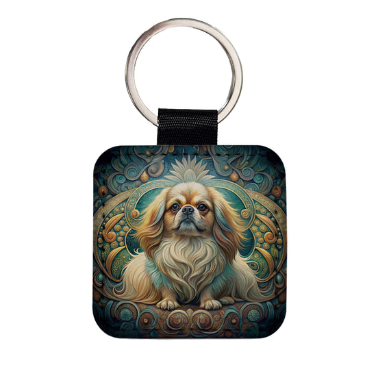 Pekingese Dog Art Nouveau Square Faux Leather Keychain