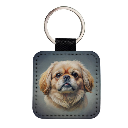 Pekingese Dog Illustration Square Faux Leather Keychain
