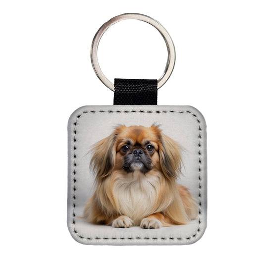 Pekingese Dog Photo Square Faux Leather Keychain