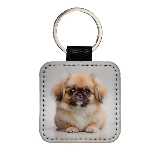 Pekingese Dog Puppy Photo Square Faux Leather Keychain