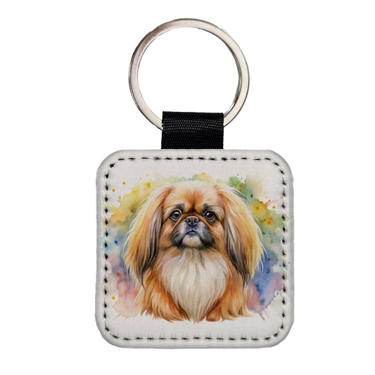 Pekingese Dog Watercolor Style Square Faux Leather Keychain