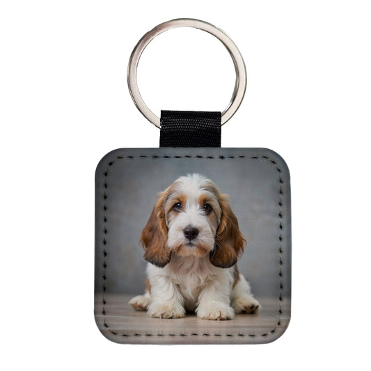 Petit Basset Griffon Vendeen Dog Puppy Photo Square Faux Leather Keychain