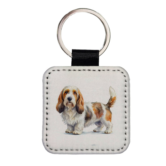Petit Basset Griffon Vendeen Dog Watercolor Style Square Faux Leather Keychain
