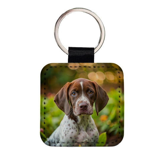 Pointer Dog Puppy Photo Square Faux Leather Keychain