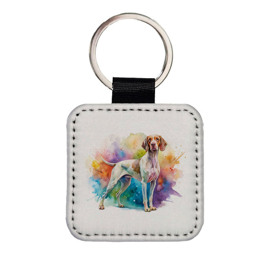Pointer Dog Watercolor Style Square Faux Leather Keychain