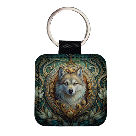Pomsky Dog Art Nouveau Square Faux Leather Keychain