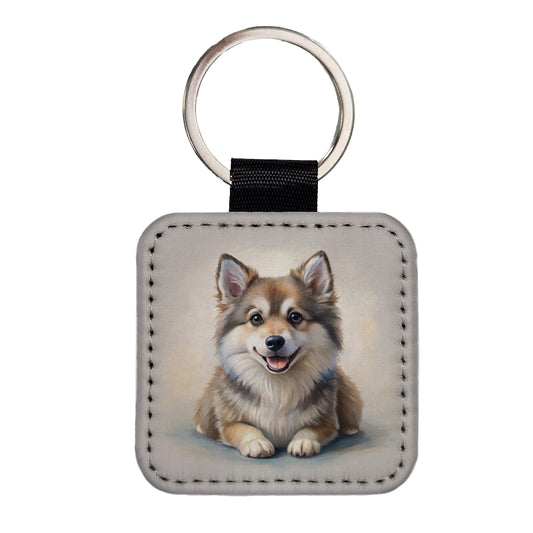 Pomsky Dog Illustration Square Faux Leather Keychain