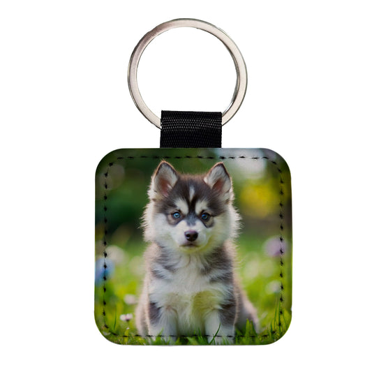 Pomsky Dog Puppy Photo Square Faux Leather Keychain