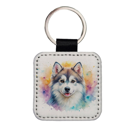 Pomsky Dog Watercolor Style Square Faux Leather Keychain