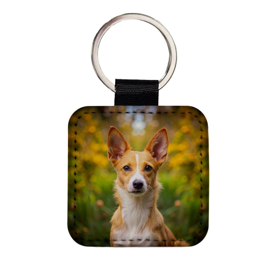 Portuguese Podengo Pequeno Dog Photo Square Faux Leather Keychain