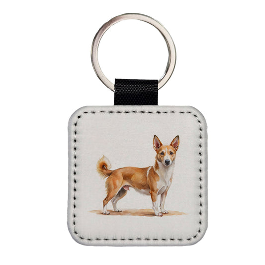 Portuguese Podengo Pequeno Dog Watercolor Style Square Faux Leather Keychain