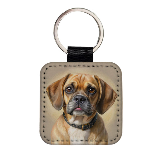 Puggle Dog Illustration Square Faux Leather Keychain