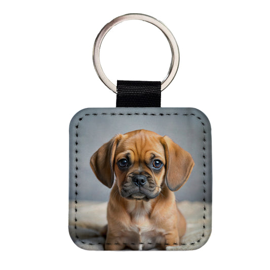 Puggle Dog Puppy Photo Square Faux Leather Keychain