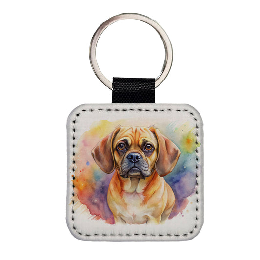 Puggle Dog Watercolor Style Square Faux Leather Keychain