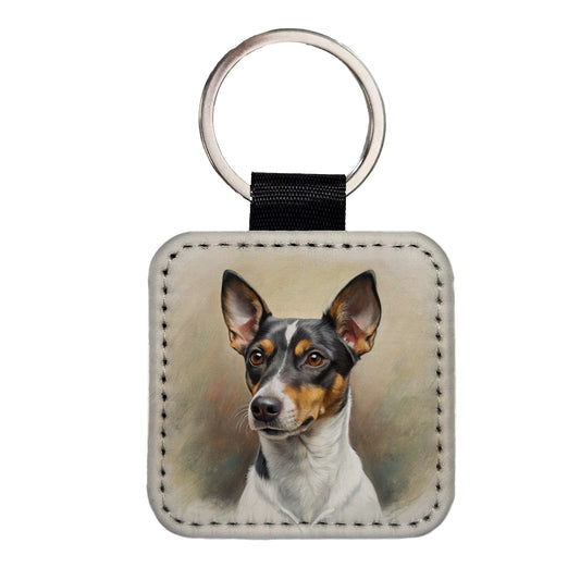 Rat Terrier Dog Illustration Square Faux Leather Keychain