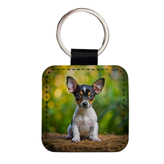 Rat Terrier Dog Puppy Photo Square Faux Leather Keychain