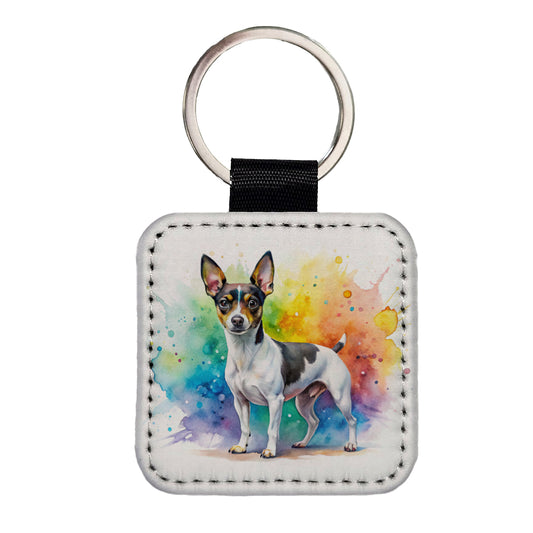 Rat Terrier Dog Watercolor Style Square Faux Leather Keychain