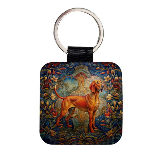 Redbone Coonhound Dog Art Nouveau Square Faux Leather Keychain