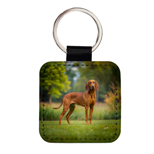 Redbone Coonhound Dog Photo Square Faux Leather Keychain
