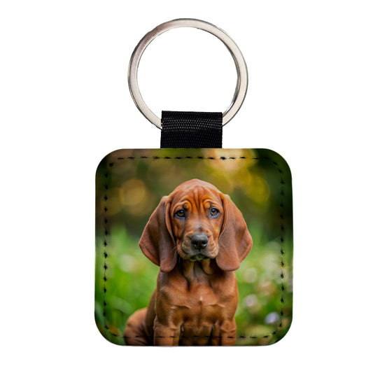 Redbone Coonhound Dog Puppy Photo Square Faux Leather Keychain