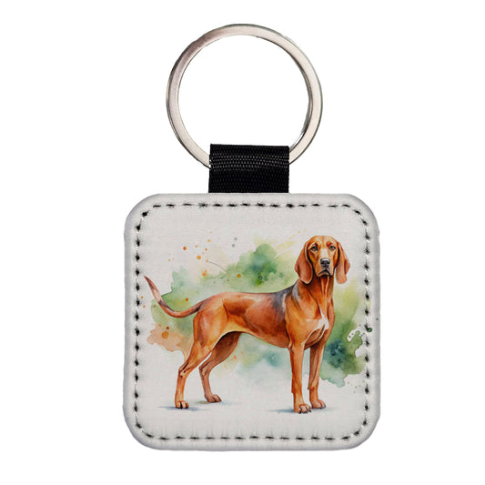 Redbone Coonhound Dog Watercolor Style Square Faux Leather Keychain
