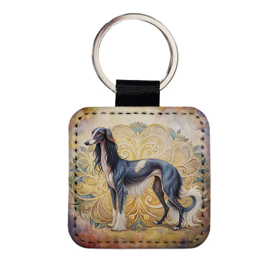 Saluki Dog Art Nouveau Square Faux Leather Keychain