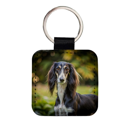 Saluki Dog Photo Square Faux Leather Keychain