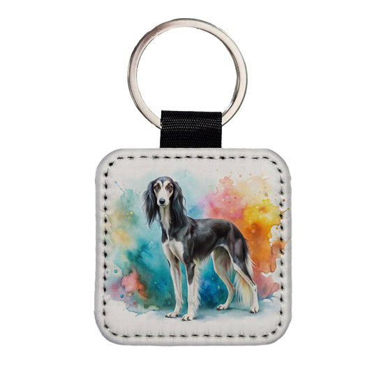 Saluki Dog Watercolor Style Square Faux Leather Keychain