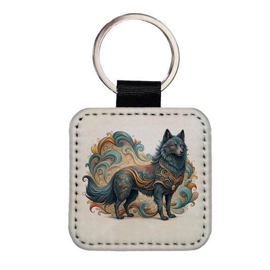 Schipperke Dog Art Nouveau Square Faux Leather Keychain