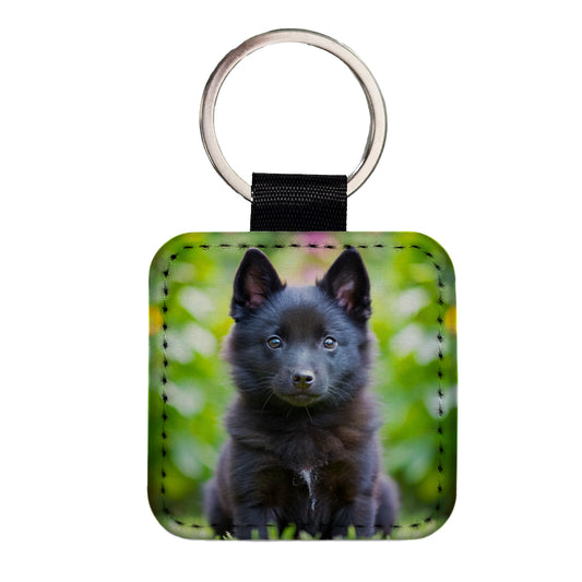 Schipperke Dog Puppy Photo Square Faux Leather Keychain