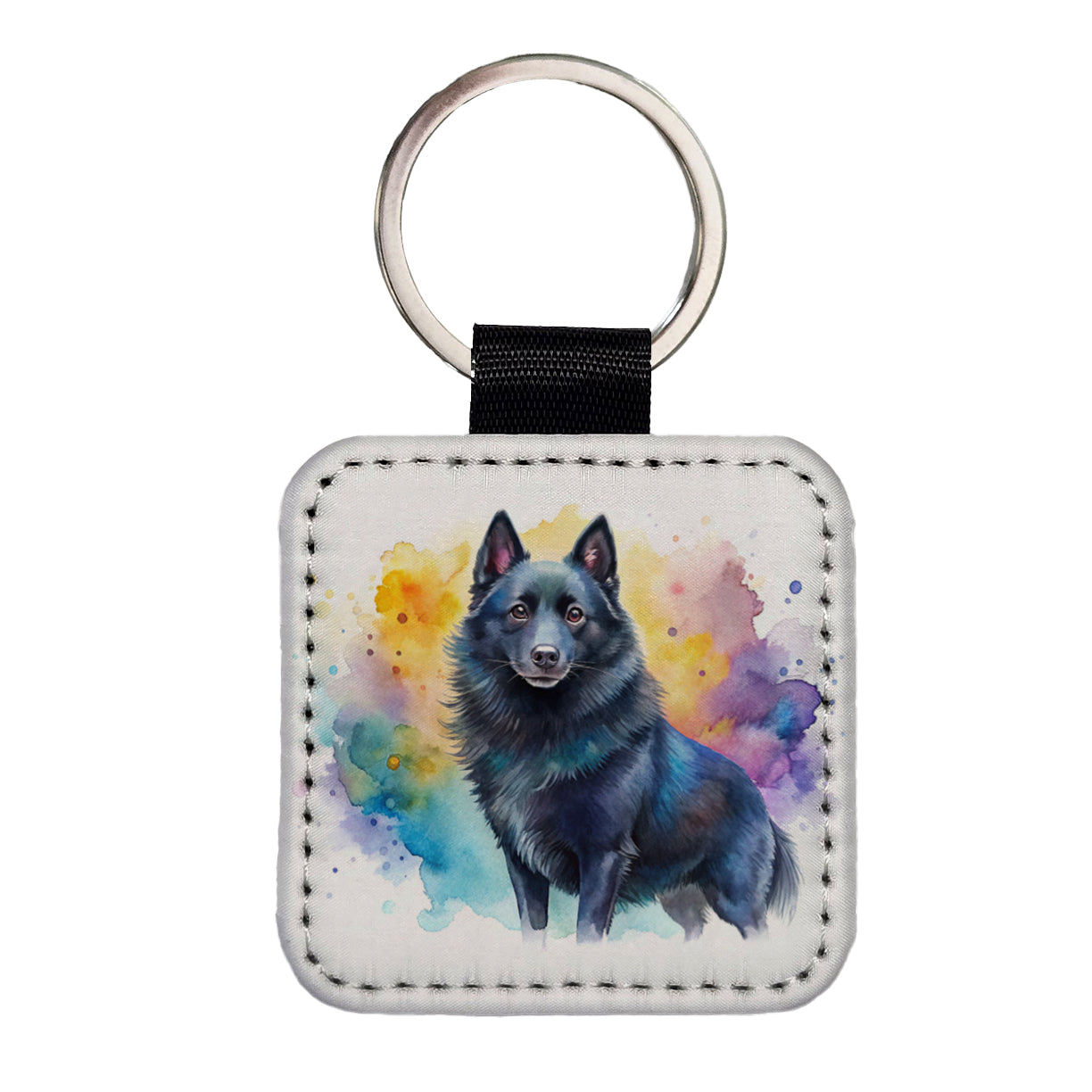Schipperke Dog Watercolor Style Square Faux Leather Keychain