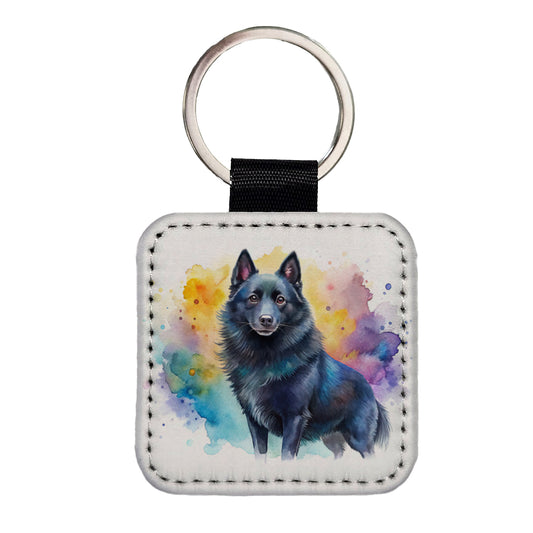 Schipperke Dog Watercolor Style Square Faux Leather Keychain