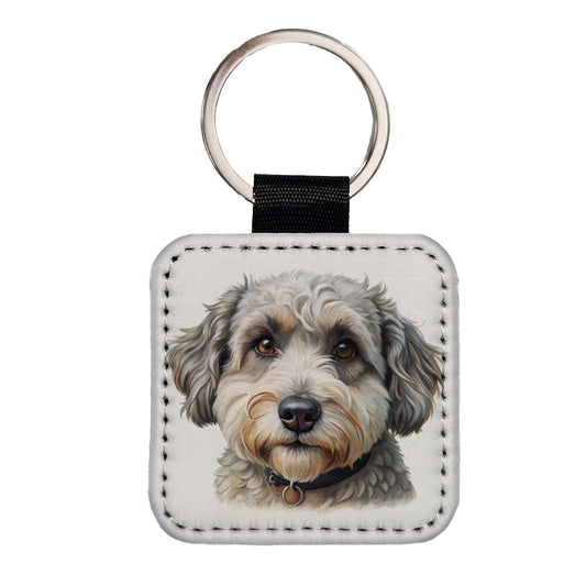 Schnoodle Dog Illustration Square Faux Leather Keychain