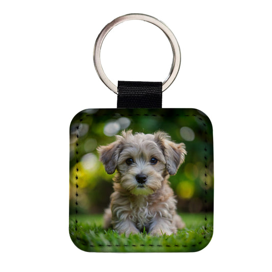 Schnoodle Dog Puppy Photo Square Faux Leather Keychain