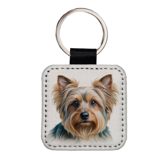 Silky Terrier Dog Illustration Square Faux Leather Keychain
