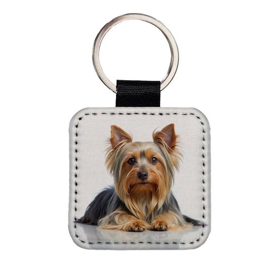 Silky Terrier Dog Photo Square Faux Leather Keychain