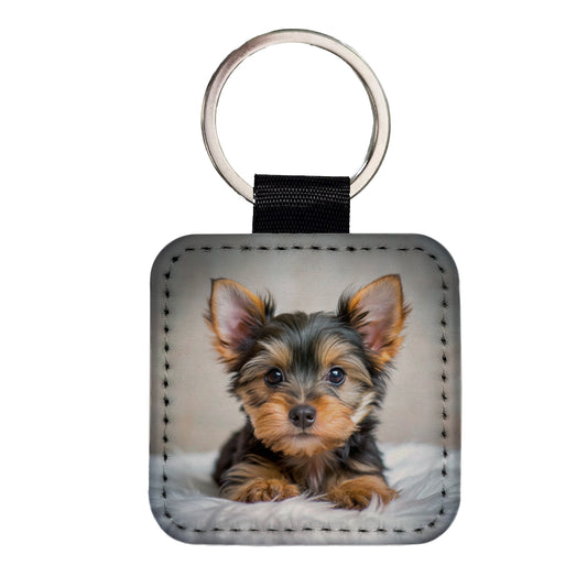 Silky Terrier Dog Puppy Photo Square Faux Leather Keychain