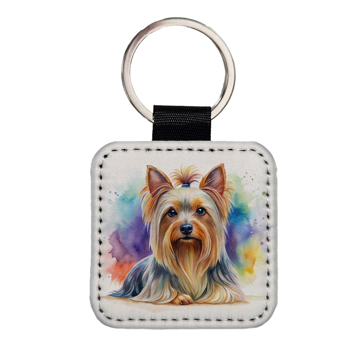 Silky Terrier Dog Watercolor Style Square Faux Leather Keychain
