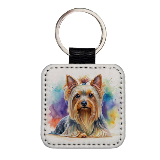 Silky Terrier Dog Watercolor Style Square Faux Leather Keychain