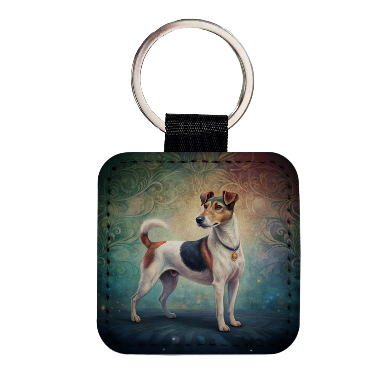 Smooth Fox Terrier Dog Art Nouveau Square Faux Leather Keychain