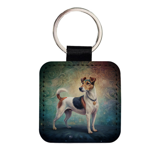 Smooth Fox Terrier Dog Art Nouveau Square Faux Leather Keychain