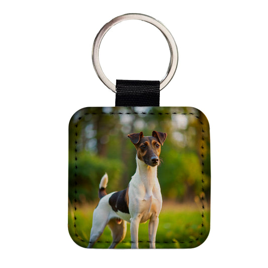 Smooth Fox Terrier Dog Photo Square Faux Leather Keychain
