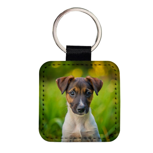 Smooth Fox Terrier Dog Puppy Photo Square Faux Leather Keychain